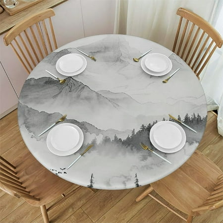 

BCIIG Mountain Range Birds Trees Round Table Cover Stain Resistant Washable Indoor Outdoor Tablecloth Kitchen Dining Wedding Parties Elastic Edge 100% Polyester Fiber 54-58