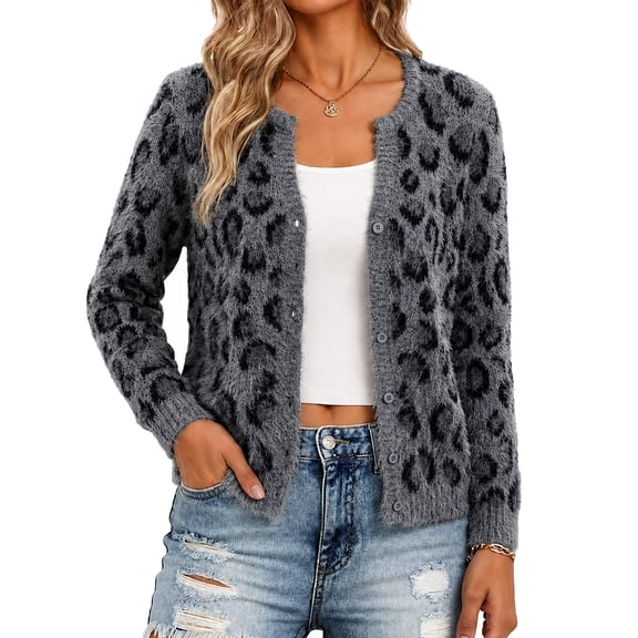 Women's Leopard Cardigan Cropped Button Front Long Sleeve Knit
