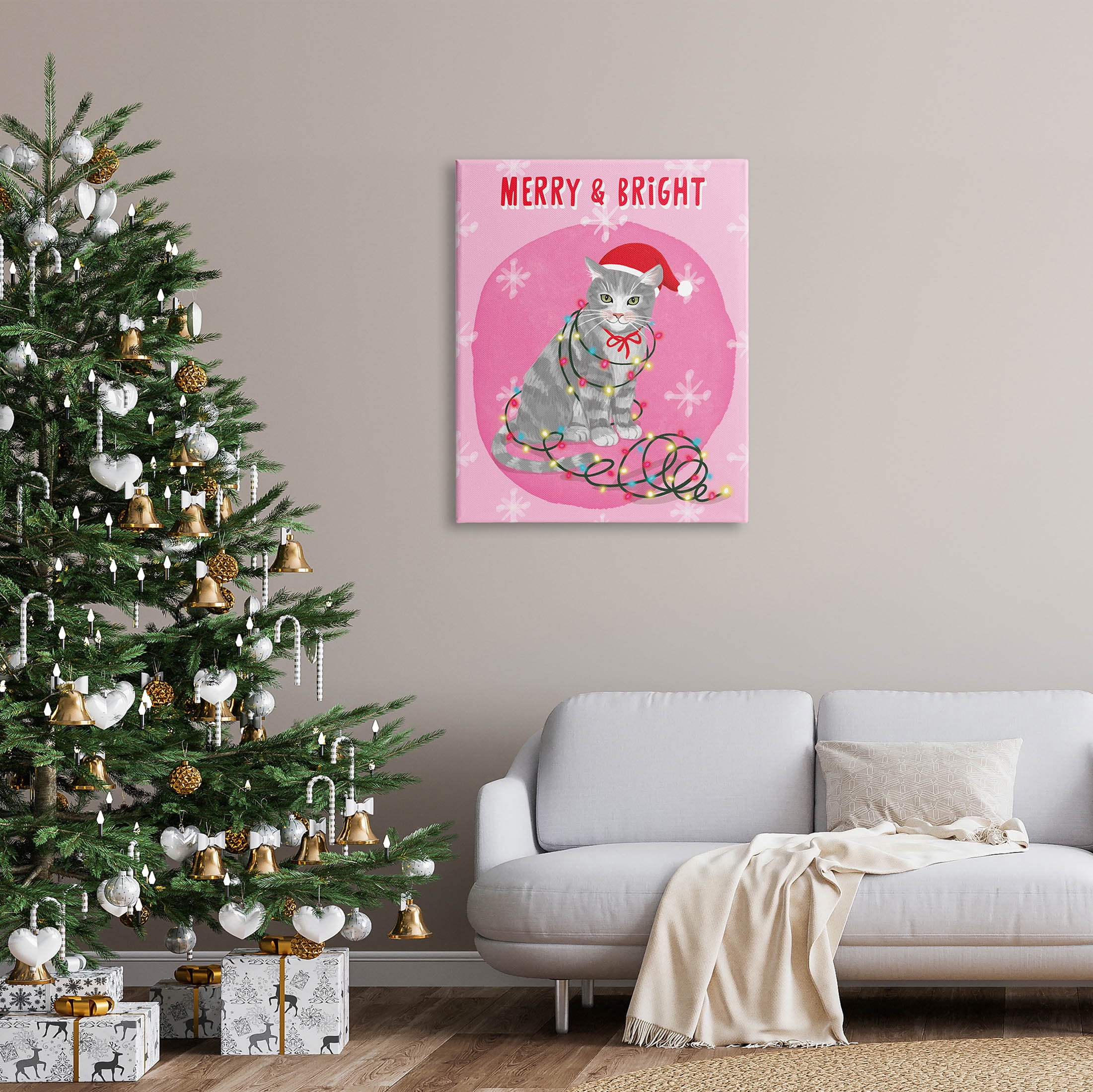 Stupell Industries Merry & Bright Christmas Cat Lights Graphic Art Gallery Wrapped Canvas Print Wall Art, Design by Be Ni La