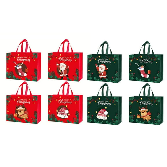 Pekkaxy Reusable Christmas Gift Tote Bags, Non-Woven Holiday Candy and Toy Storage Bags with Handles, 4 or 8 Pack