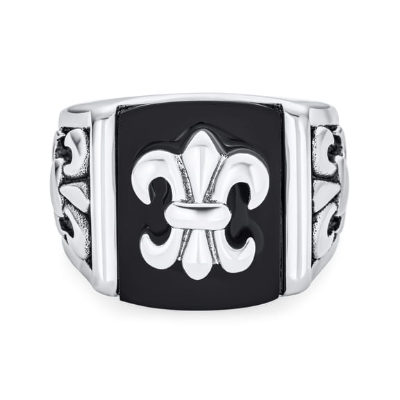 Bling Jewelry Mens Men's Stainless Steel Black Onyx Fleur De Lis Signet Ring Silver Tone