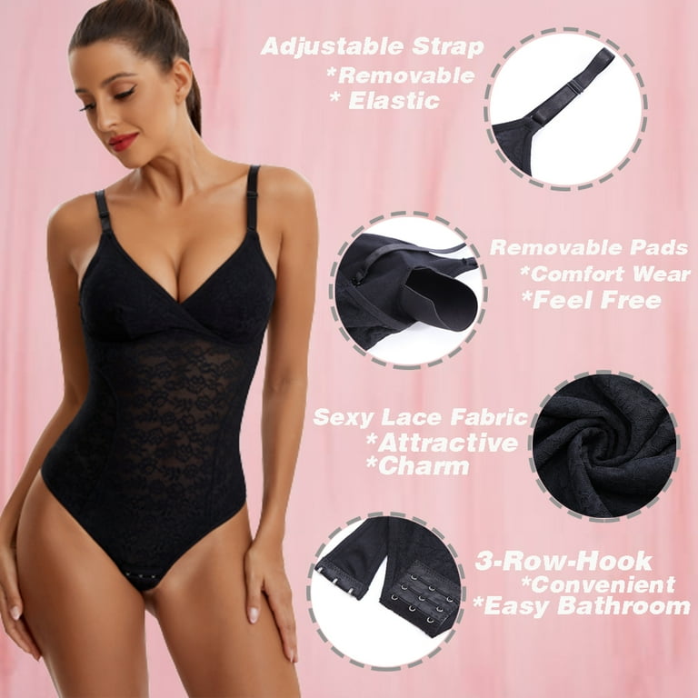 Joyshaper Shapewear Bodysuit for Women with Bra Tummy Control Thong Body  Shaper Lace Fajas(Black-M) 