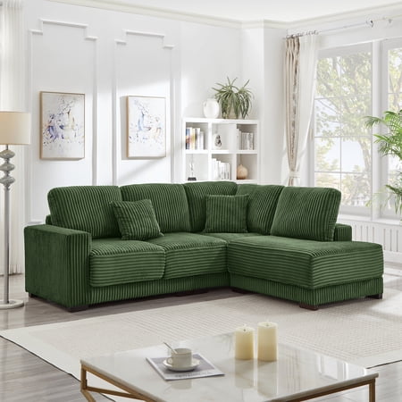 FFZ 93 inch L-Shaped Sectional Sofa with Reversible Chaise and Corduroy Upholstery, 93 x 73.5 x 35 inch, Green