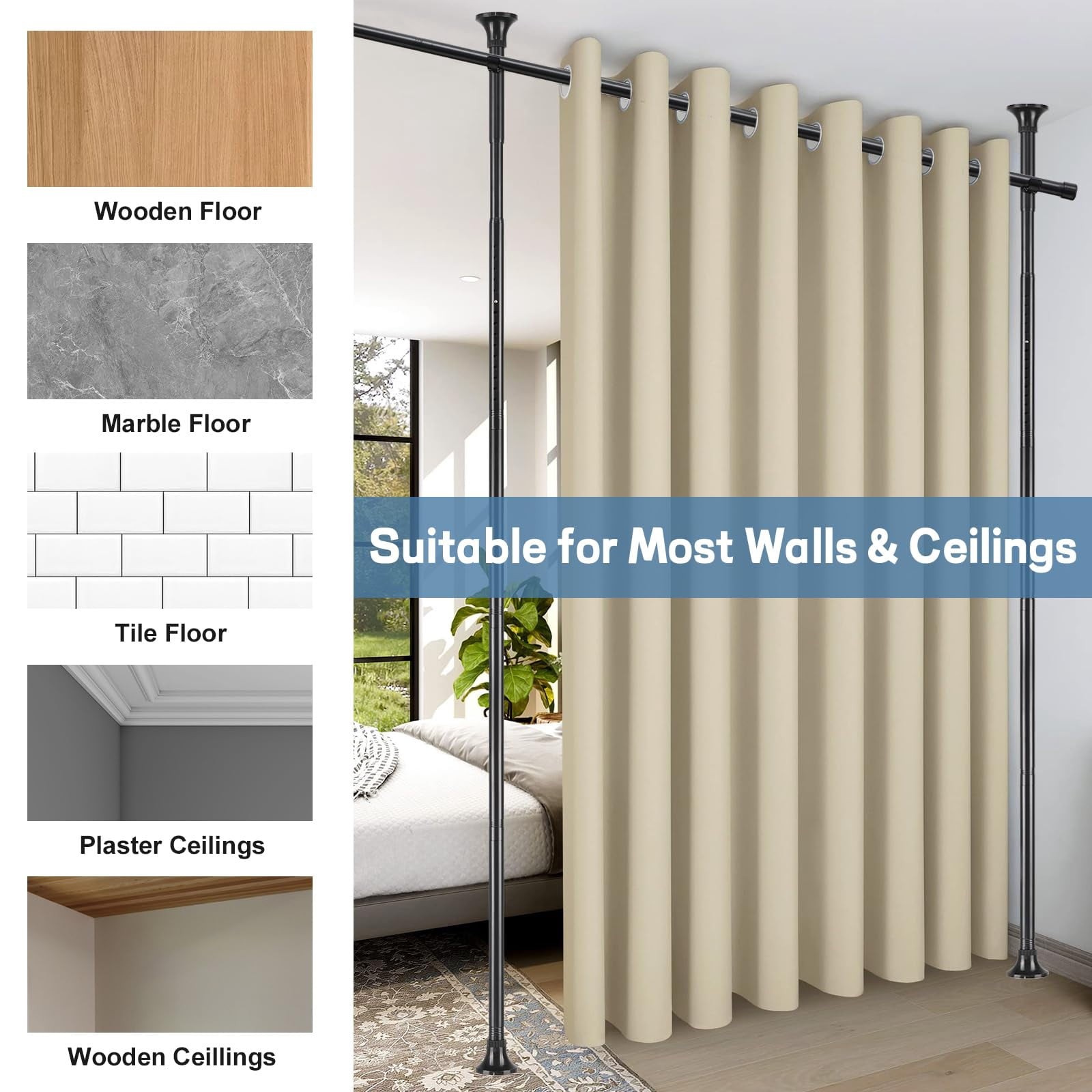 LCOKEIY Room Divider No Drilling Curtain Rods for Windows, 4-10ft(H) 28-144inch(W) Adjustable, Heavy Duty Curtain Rods Tension Rod Space Separator Ceiling Mounted, Black