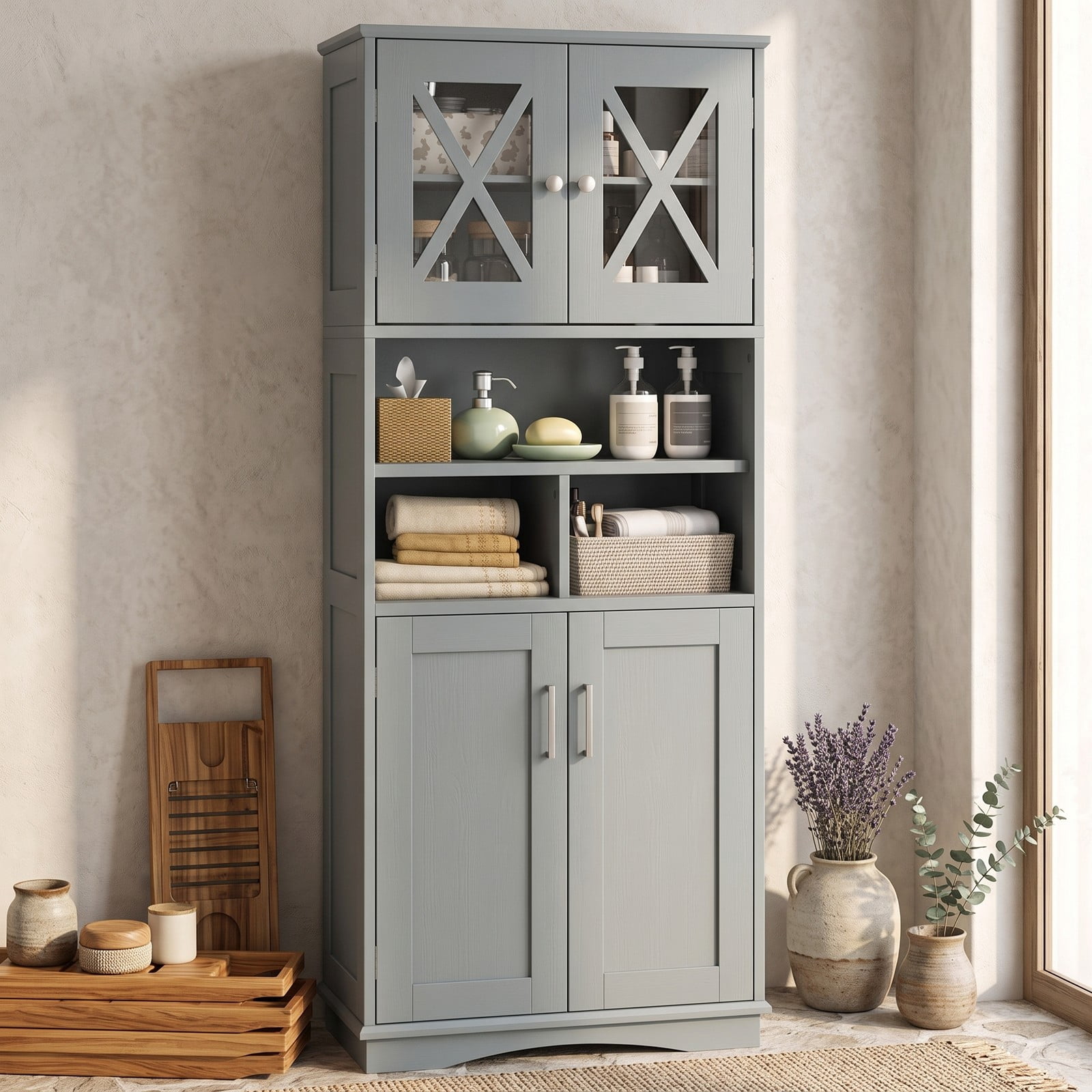 ALPULON Tall Bathroom Storage Cabinet, Freestanding Floor Linen Tower with Acrylic Doors, 3 Adjustable Shelves and 3 Open Cubes, MDF Organizer for Bathroom, Gray