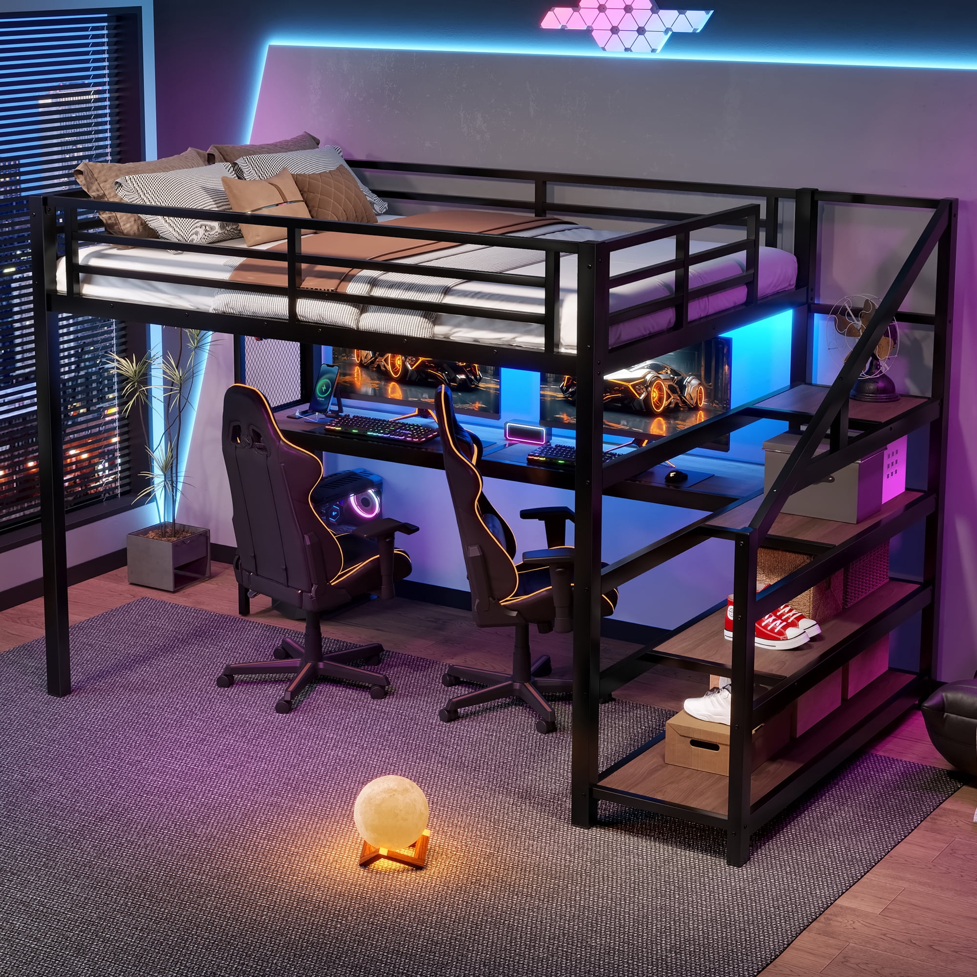 Aukfa Full Size Metal Loft Bed with Desk, Storage Stairs, LED Lights & USB Ports, Heavy-Duty Noise-Free Bed Frame for Teens, Kids & Adults, Black