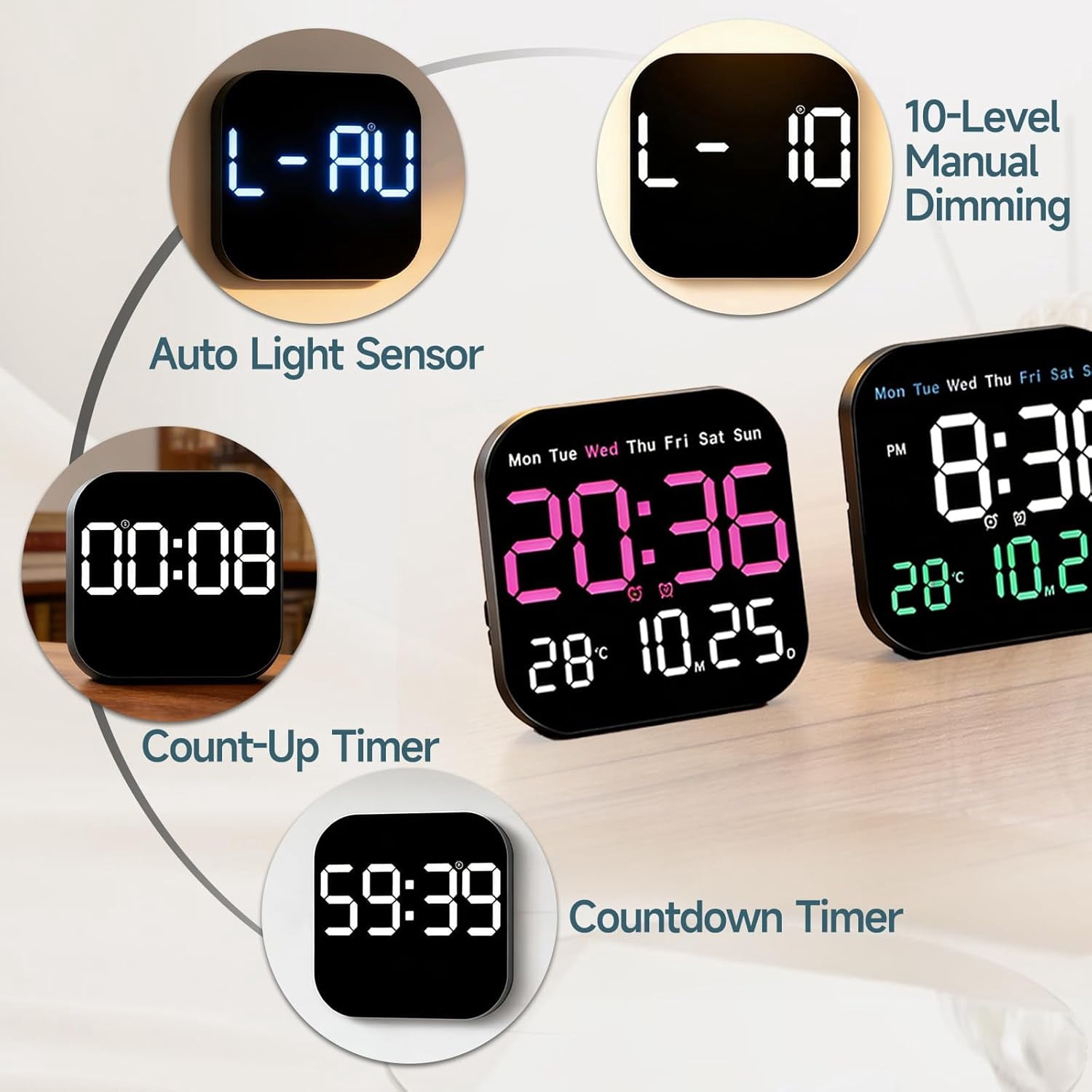 Hangable Standalone Square Clock - Large Digital Wall Clock with Remote, Auto-Dimming LED Display, Indoor Temperature Humidity Date Monitor, Modern Living Room Gadget, Office & Bedroom Decor