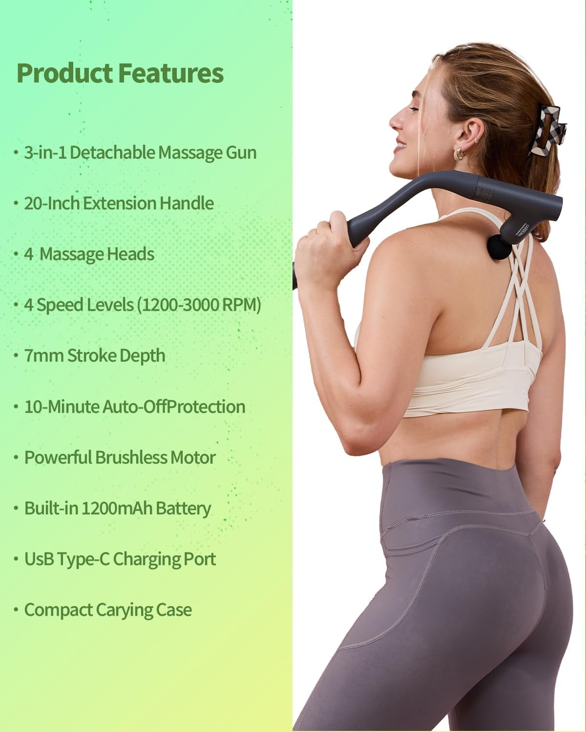 Convertible 3-in-1 Massage Gun Deep Tissue with Extended Handle for Back Pain Relief