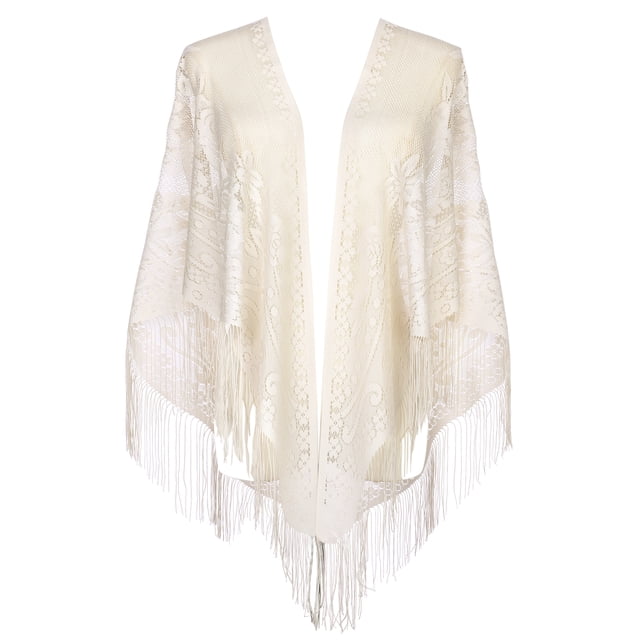 CHAL Y ENVOLVENTES INSPIRADORES para Vestidos de Noche, Bufandas de Encaje con Flecos en Forma de Triángulo con Borlas para Mujeres en Bodas y Fiestas Formales 74.8x28.3" Beige
