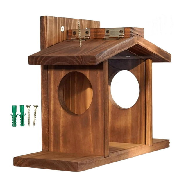 Ruiboury Wood Squirrel Feeder Box Easy To Fill Clean Bird Feeder Multiple Feeding Holes For Squirrels