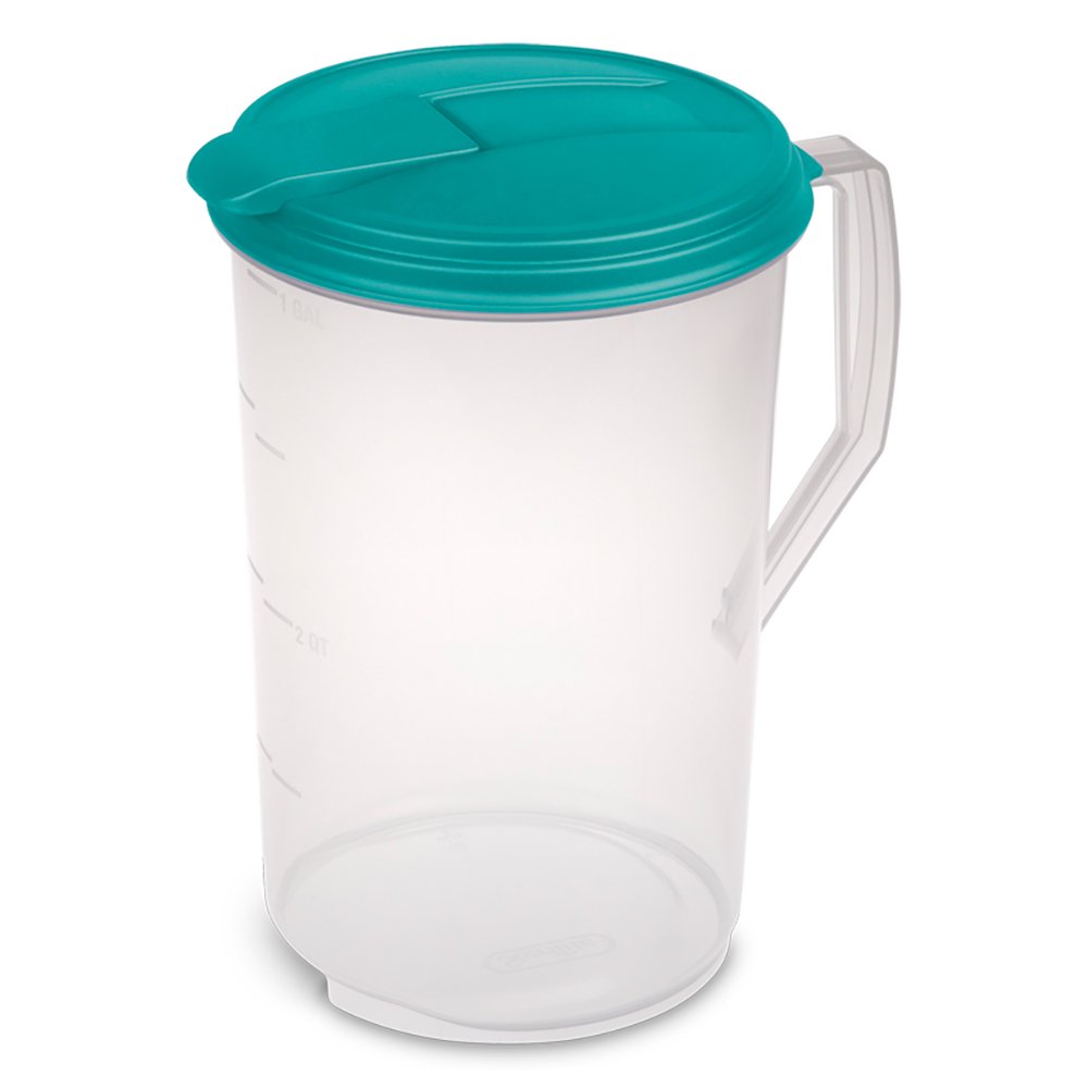 Sterilite 1Gallon Round Plastic Pitcher and Spout, Clear w/ Color Lid