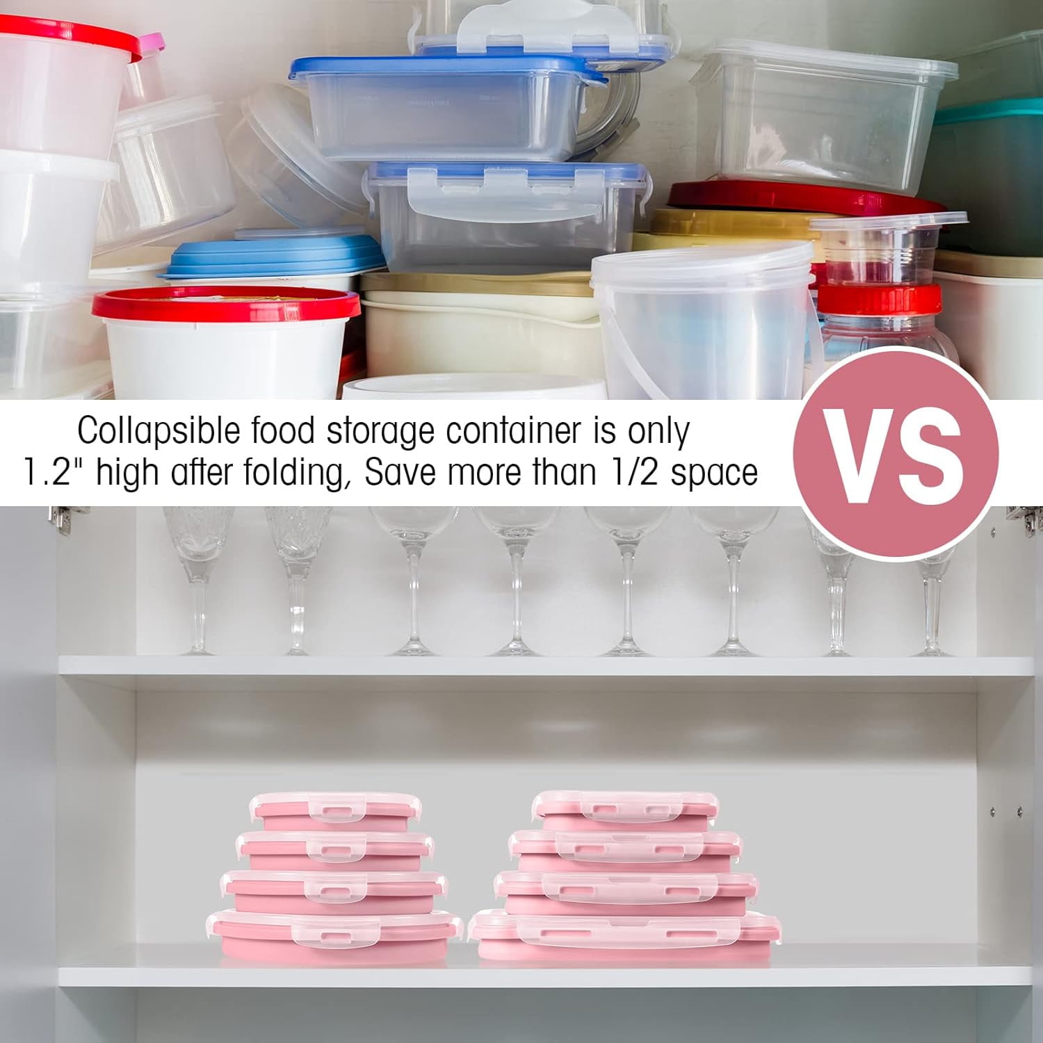 4-Pack Collapsible Bowl - Round Silicone Food Storage Containers with Lids,Portable Lunch Box Bento Box for Travel | Microwave, Dishwasher & Freezer Safe | Essential Camper Organization(Pink)