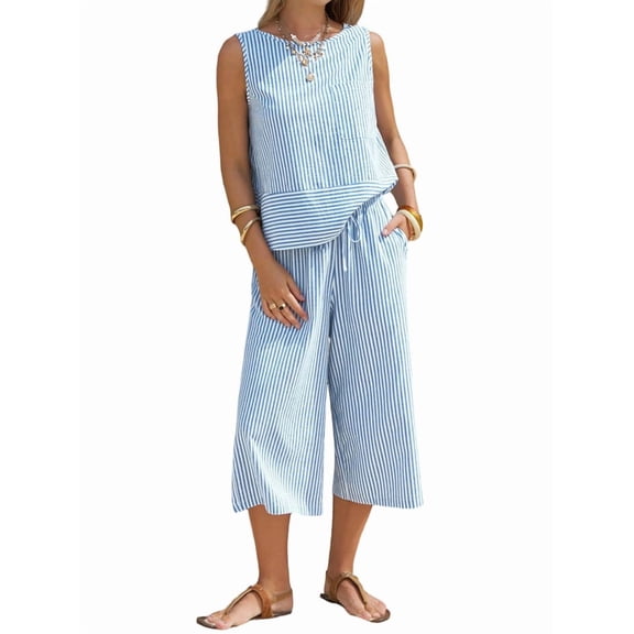 Women'S Summer 2 Piece Outfits Striped Sleeveless Top and Cropped Wide Leg Pants Sets Pockets Blue XL