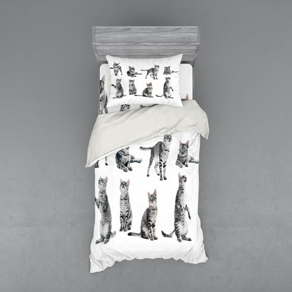 Cat Duvet Cover Set, Collage of a Inquisitive Striped Shorthair Furry Playful Pussy Posing Art Print, Bedding Set with Shams and Fitted Sheet, 3 Sizes, by Ambesonne