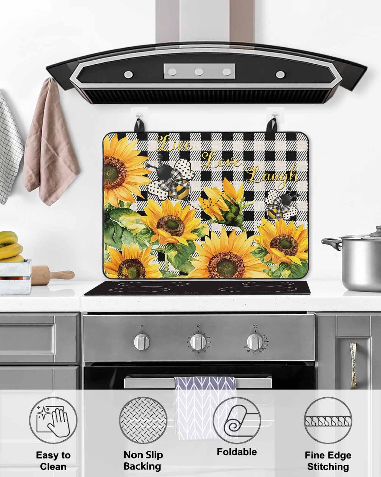 nqOlkjepod Large Induction Cooktop Protector Mat 24"x21", Sunflower Bee Stove Top Covers for Electric Stove, Black Buffalo Plaid Botanical Leaf Floral Stove Burner Cover Mats, Glass Top Stove Cover