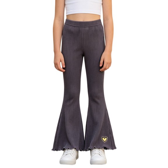 XXWXYD Girls Rib‑Knit Flare Pants, Elastic‑High‑Waist Bell‑Bottom Trousers With Heart Embroidery, Stretchy Knit Bottoms For Kids Casual Daily Dressing