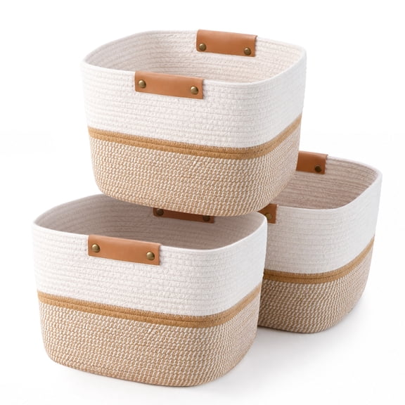 ORFELD 3-Pack Woven Cotton Rope Storage Basket,Decorative Woven Basket,Woven Shelf Storage Bin with Detachable Leather Handles for Closet Storage,Woven Baskets For Toy,Blanket, Book Storage