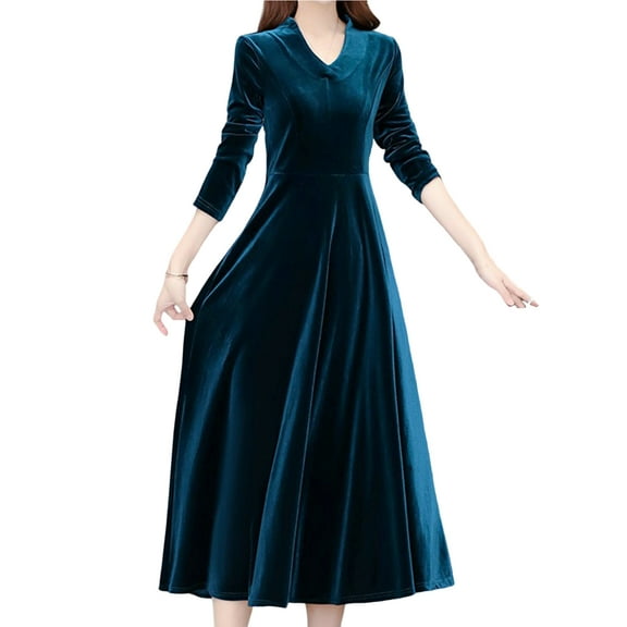 comerut Women Dress Solid Color Soft Long Sleeves Round Neck Big Hem Warm Mid-calf Length Plus SIze Lady Prom Dress Female Garment