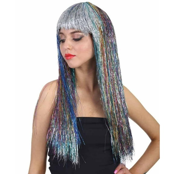 HPO AdultWomen Long Rainbow Tinsel Wig, Party Ready Fancy, Cosplay Halloween Wigs | Premium Breathable Capless Cap
