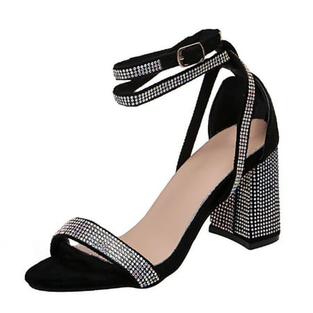 

Women s Block Heeled Sandals Open Toe Crystal Embellished Sandals Ankle Straps Buckle Rhinestone Sandals Evening Dress Party Wedding Pumps Shoes