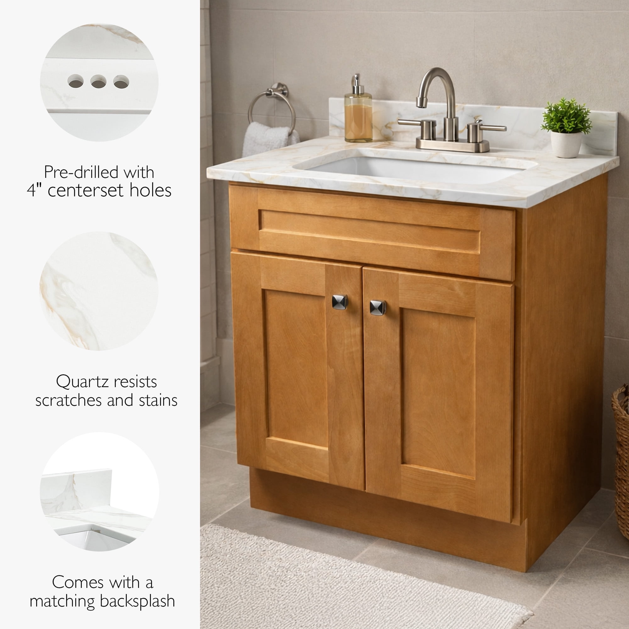 Design House Calesco Calacatta Quartz Bathroom Vanity Top with Sink and Backsplash with 4" Centerset, White/Taupe/Gray
