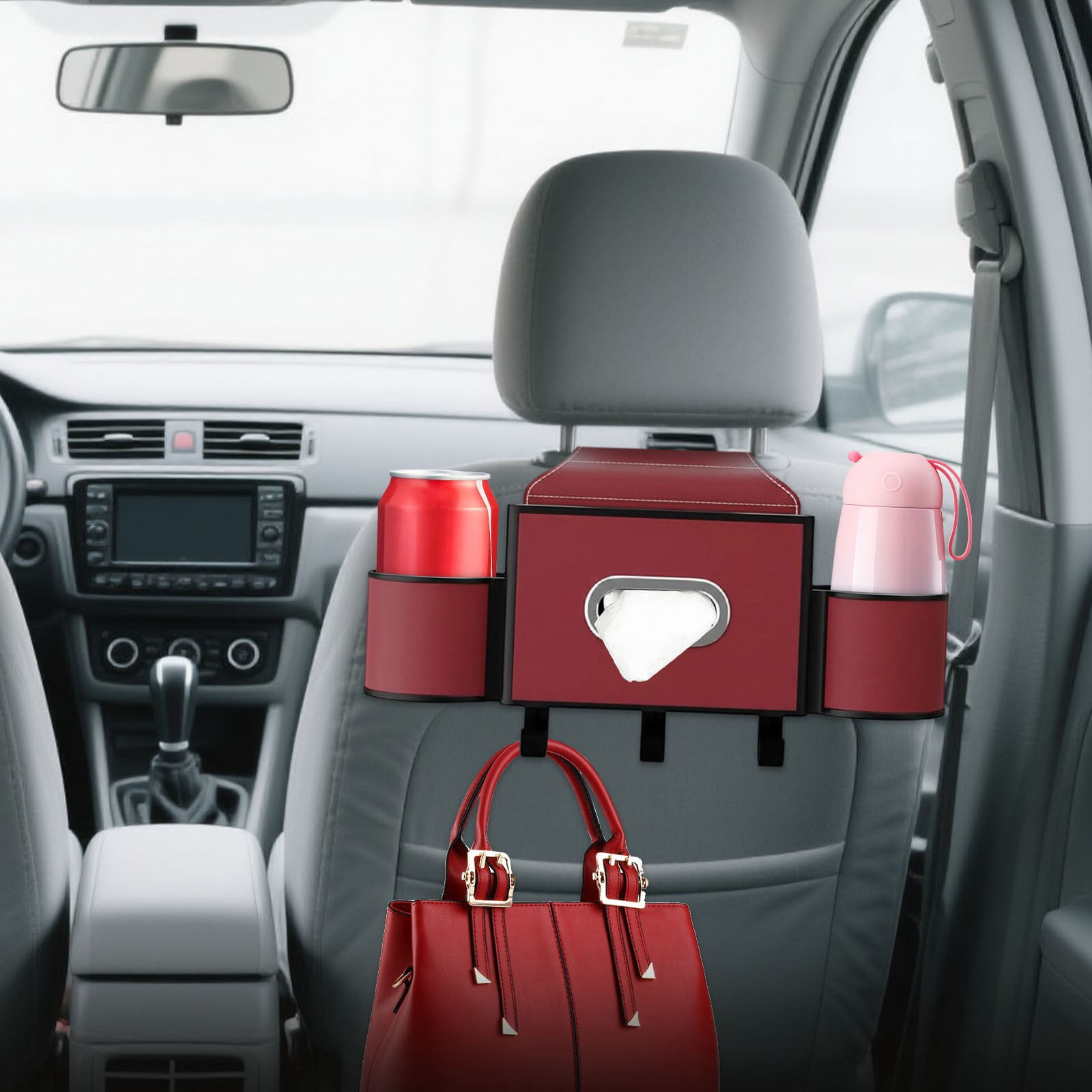 COM1950s Car Seat Organizer with Cup Holders, Backseat Storage Multi-Function Pocket for Tissues, Adjustable Straps for SUV and Vehicle Interior Accessories