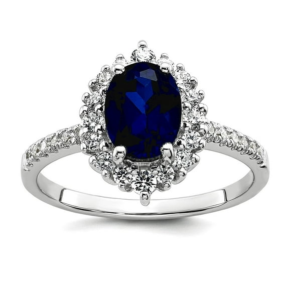 19.95mm 925 Sterling Silver Rhodium Plated Polished Created Sapphire and CZ Oval Halo Ring Size 6 Ring for Women