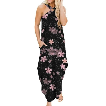 

Juebong Boho Summer Maxi Dress for Women Summer Casual Criss Cross Sundress Sleeveless Split Long Beach Dress With Pockets