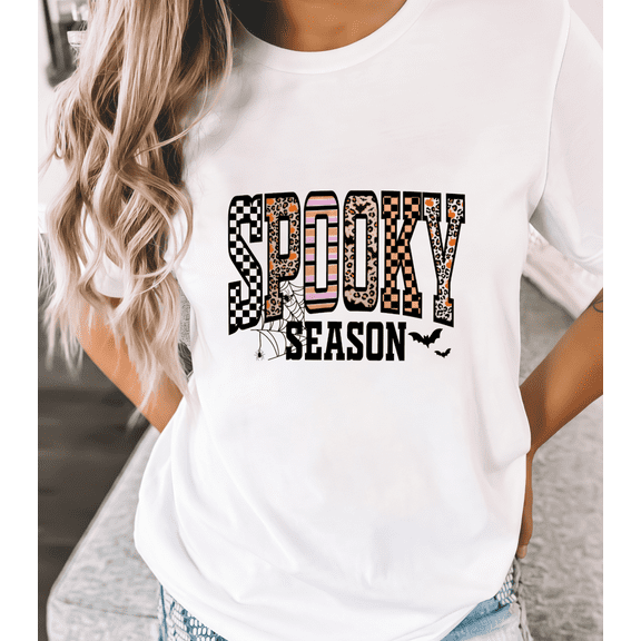 Spooky Season Halloween Bat Spider Web Tee ，Women's Costume Graphic T-Shirt, Creepy Pattern Printing Tops, Goth Graphic Tees，Funny，cotton，white,S-5XL