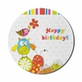 thumbnail image 1 of Birthday Mouse Pad for Computers, Patchwork Like Design with Owls Birds and Bugs Present Boxes on Polka Dots, Round Non-Slip Thick Rubber Modern Gaming Mousepad, 8" Round, Multicolor, by Ambesonne, 1 of 2