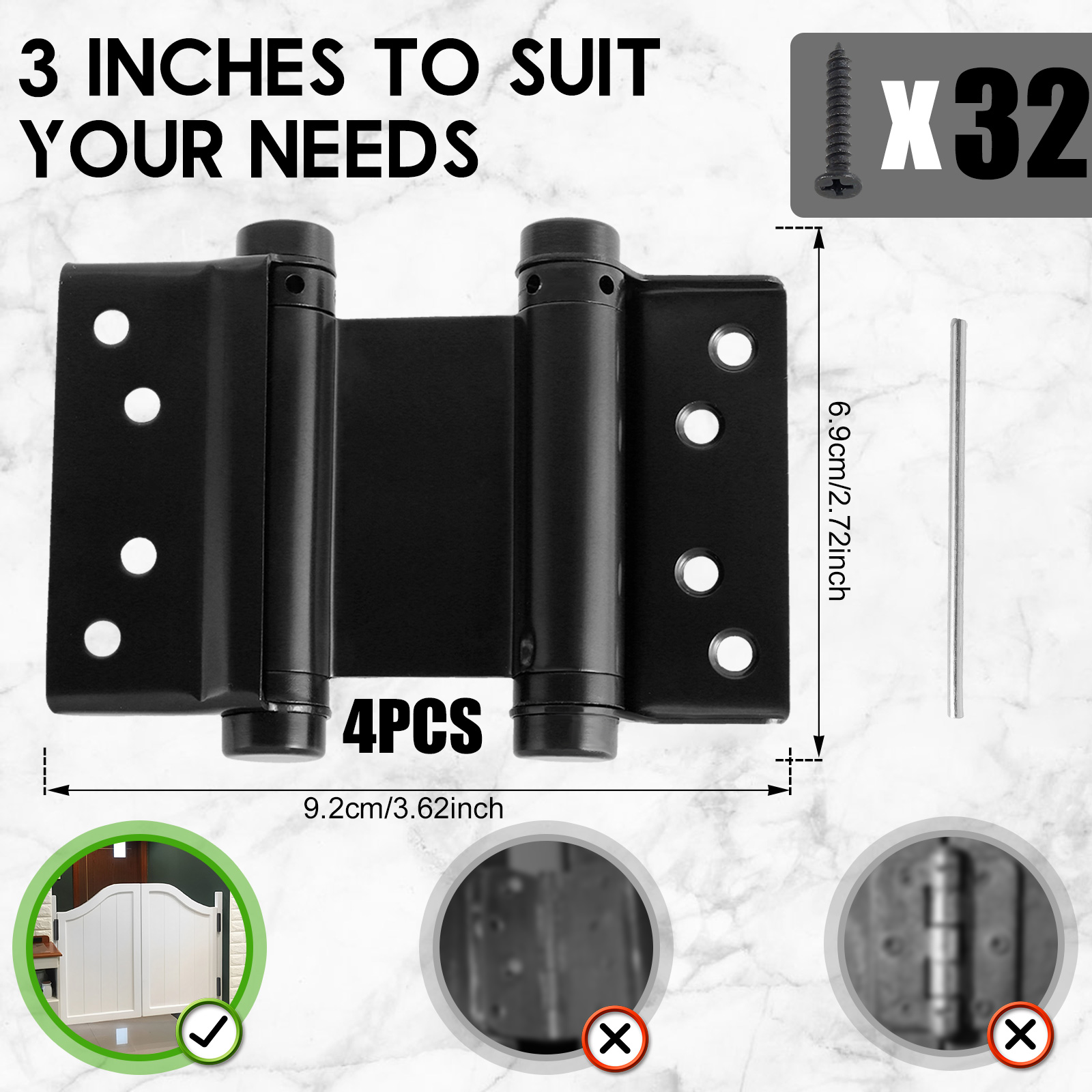 4Pcs Double Action Spring Hinges Heavy Duty Stainless Steel Swinging Door Hinge Self Closing Saloon Door Hinges Adjustable Cafe Door Hinge Spring Door Hinges for Cafe Saloon Door