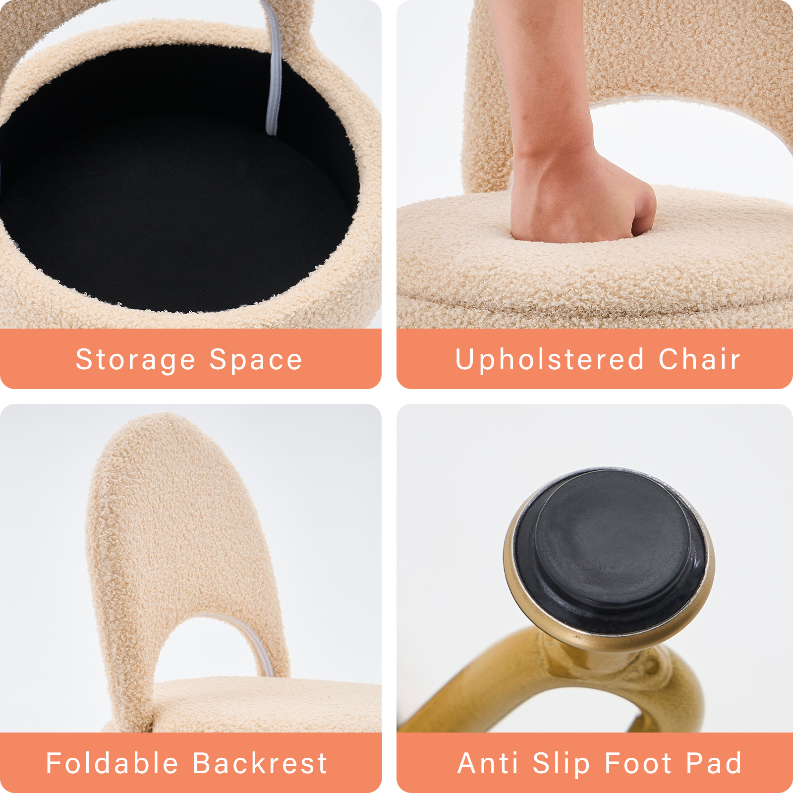 Casa Pura Furniture Modern Teddy Velvet Storage Ottoman Vanity Stool with Folding Back Round Beige 1-Piece