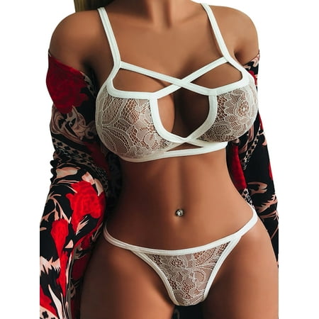 

Uerlsty Women s Lace See Through Bralette Bra Thong Set Pajamas Nightwear Sleepwear