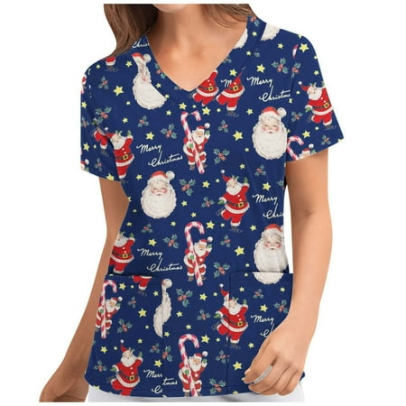 

Xutthjh Women Scrubs Top Fashion Merry Christmas Printed Short Sleeve V-Neck Working Uniform Top Nurses Clothing Blouse Shirt