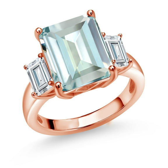 Gem Stone King 18K Rose Gold Plated Silver 3-Stone Ring Octagon Sky Blue Simulated Aquamarine and Moissanite (6.55 Cttw, Size 5)
