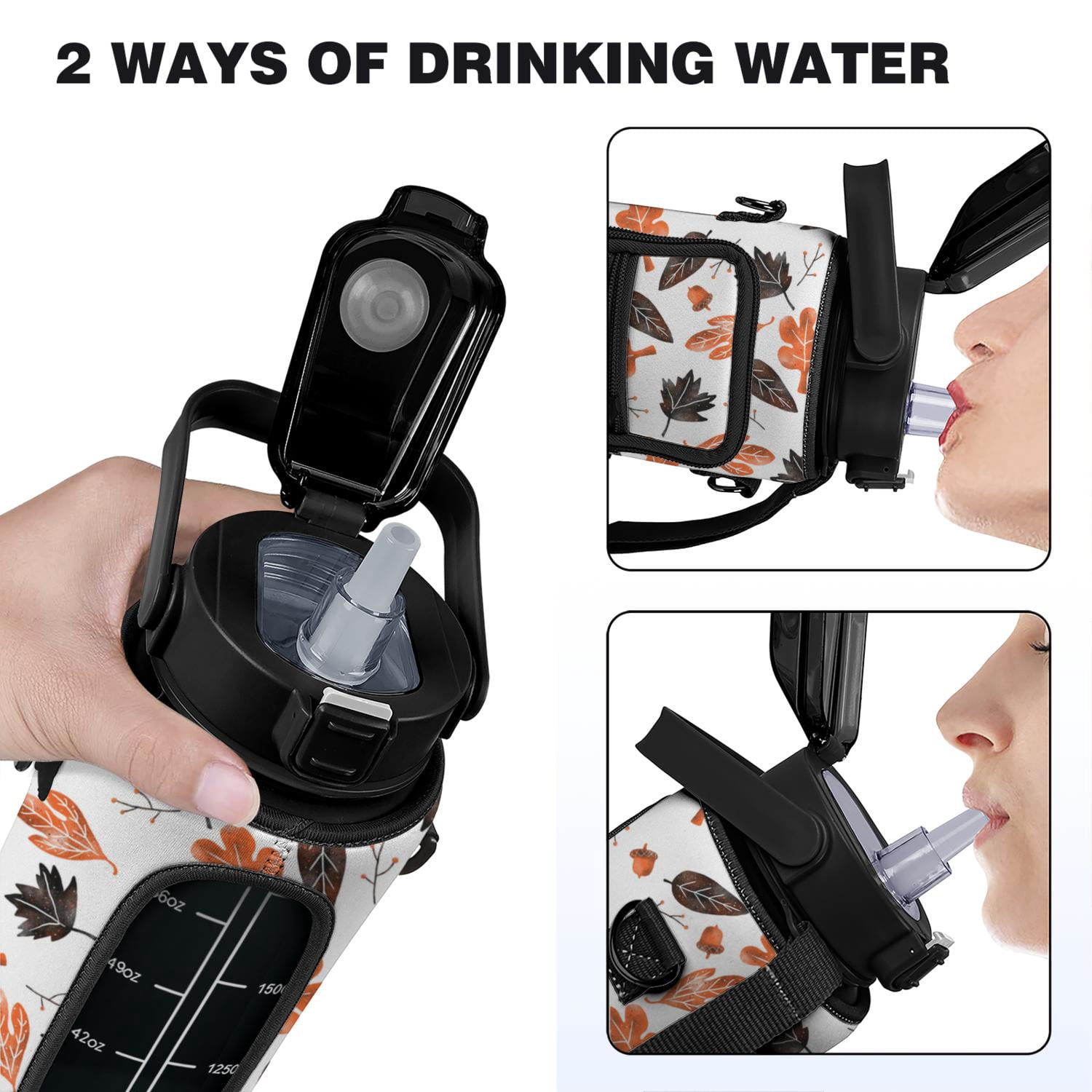 Maple Leaf 64 Oz Water Bottle with Sleeve - BPA Free Leakproof Sport Large Plastic Water Bottle with Straw Strap & Insulated Neoprene Holder Carrier Bag Great Gift for Women Men