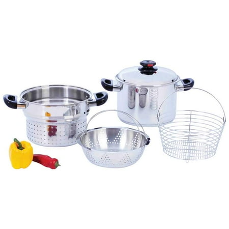 - Steam Control™ 8qt T304 Stainless Steel Stockpot/Spaghetti Cooker with Deep Fry Basket & Steamer Inserts