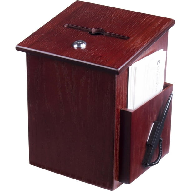 Wood Suggestion Box, Ballot Box with Pocket, Locking Hinged Lid and Pen