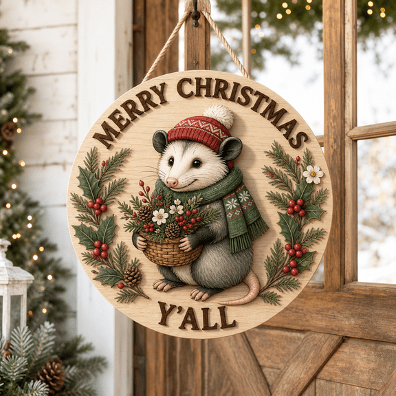 Christmas Possum Wooden Door Sign for Rustic Front Porch Holiday Decor
