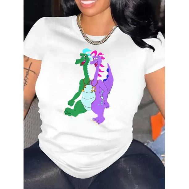 Camisetas para mujer Verano manga corta Tops para DeportesWomen's Casual Dinosaur Graphic T-Shirt - Comfy Summer Short Sleeve, White Crew Neck with Double-Headed Dinosaur Print, Lightweight Polyeste