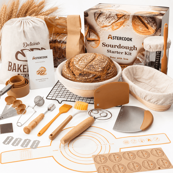 Astercook Sourdough Starter Kit, 56-Piece Bread Making Kit with Round & Oval Bread Proofing Baskets, Complete Sourdough Bread Baking Supplies Set, Perfect Gifts for Beginners & Home Bakers