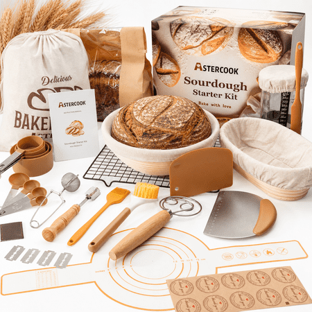 Astercook Sourdough Starter Kit, 56-Piece Bread Making Kit with Round & Oval Bread Proofing Baskets, Complete Sourdough Bread Baking Supplies Set, Perfect Gifts for Beginners & Home Bakers