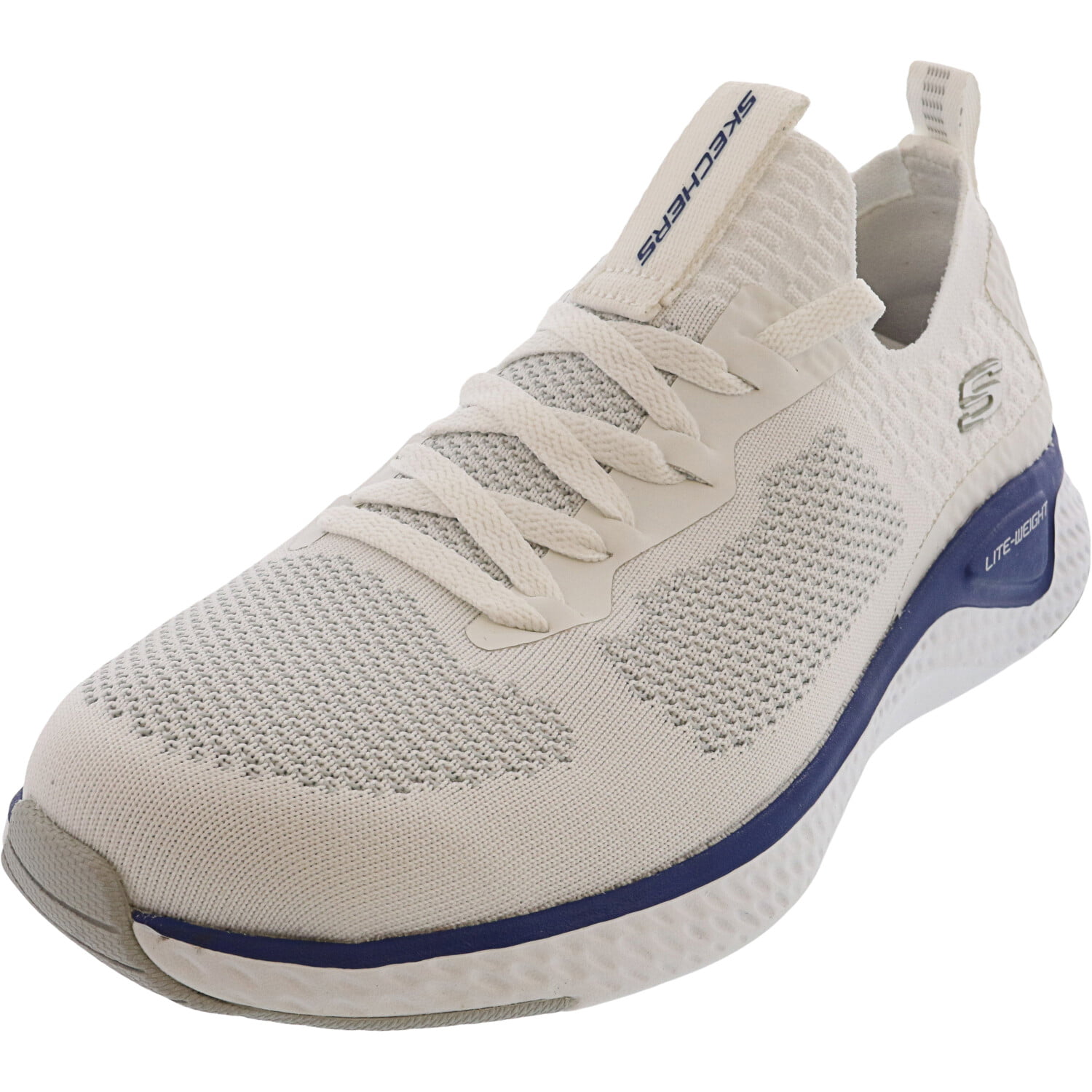 white and blue skechers