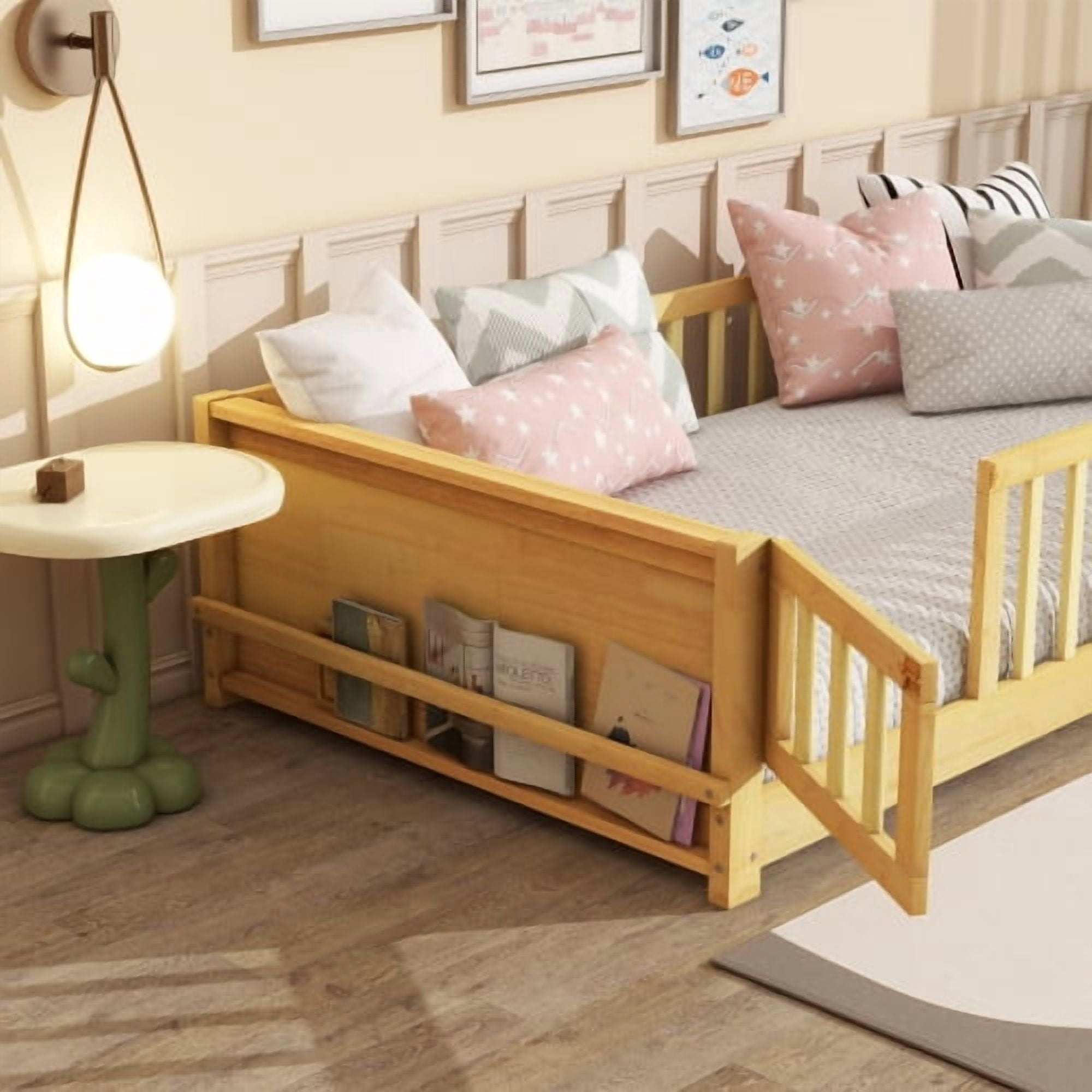 Bellemave Twin Size Floor Bed with Fence and Door, Montessori Floor Twin Bed with Built-in Book Rack, Solid Wood Twin Bed with Slats and Safety Guardrails, Natural