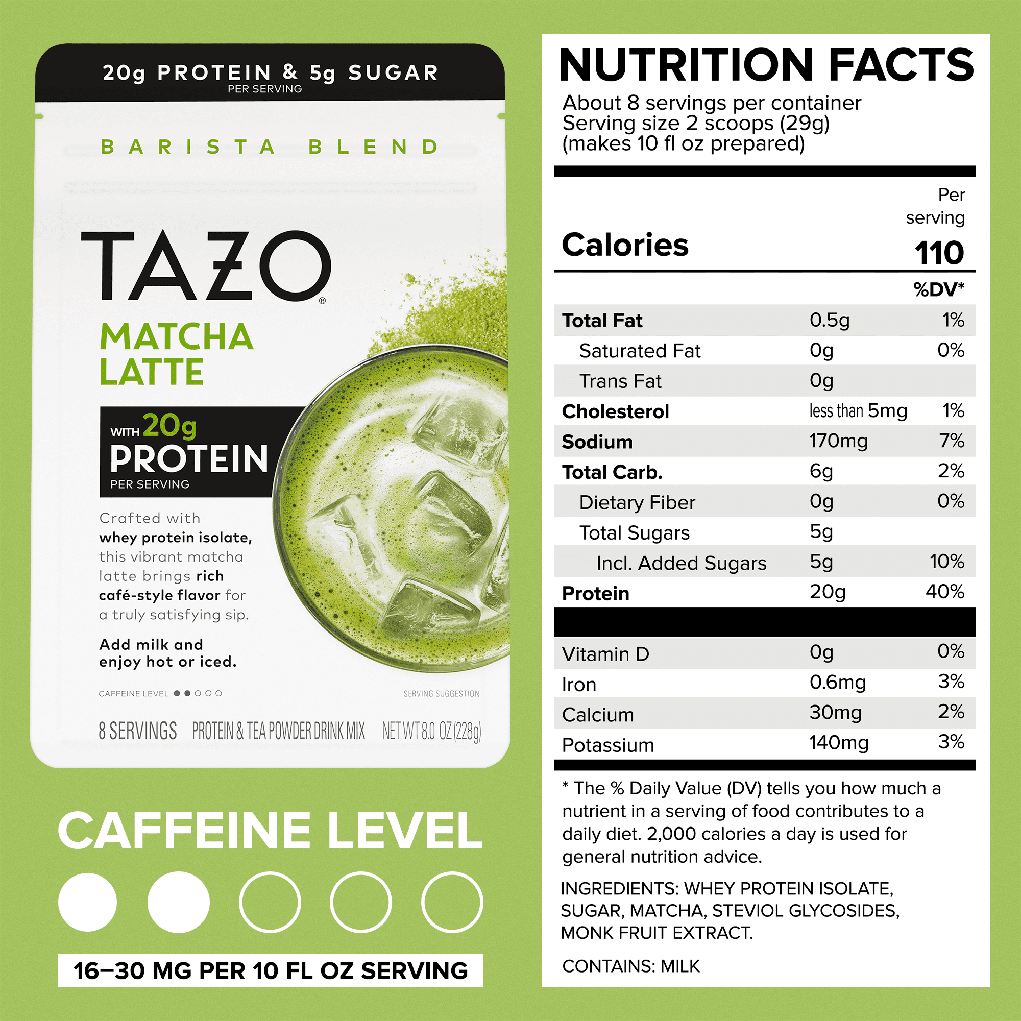 TAZO Protein Matcha Latte Powder with Whey Protein Isolate, 8oz Pouch, 8 Servings