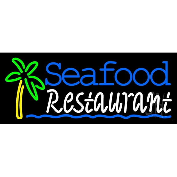 Seafood Restaurant LED Neon Sign 10 x 24 - inches, Clear Edge Cut Acrylic Backing, with Dimmer - Bright and Premium built indoor LED Neon Sign for restaurant window and interior decor.