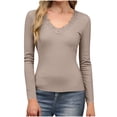 thumbnail image 4 of RYRJJ Women's Long Sleeve Lace V Neck Shirts Lightweight Slim Fit Stretchy Basic Tops Ribbed Knit Dressy Business Casual Blouses(Beige,L), 4 of 7