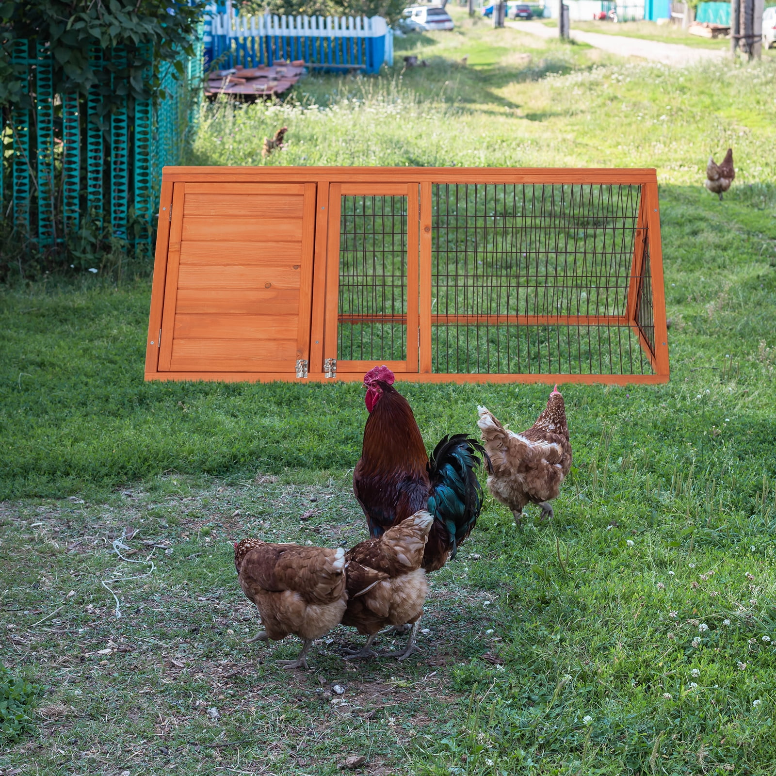ZephyPaws Rabbit Hutch,Wooden Chicken Coop Outdoor,A-Frame Quail Cage with 2 Door & Run Cage,Triangle Quail Hutch with Ventilating Wire,Poultry Hutch for Small Animal