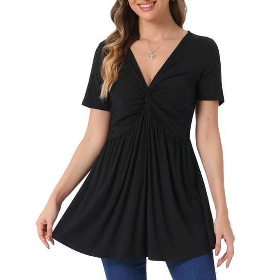 DARING DIVA Women's Knotted V Neck Blouse Summer Short Sleeve Tunic Tops Black XS