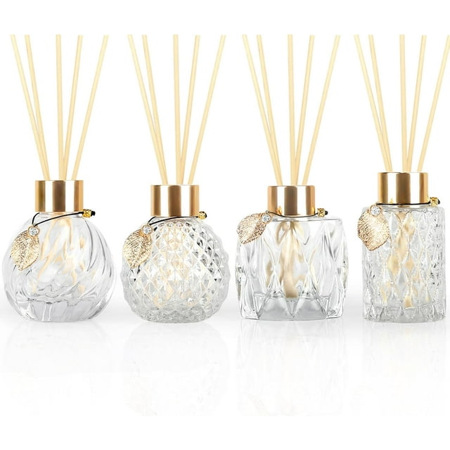 4Pcs Reed Diffuser Set with Metal Golden Decoration, 3.5oz-4.2oz Empty Reed Diffuser Bottles with 20Pcs Reed Diffuser Sticks, Unique Design Bottles for Home and Office (4 Pcs Different Bottles)